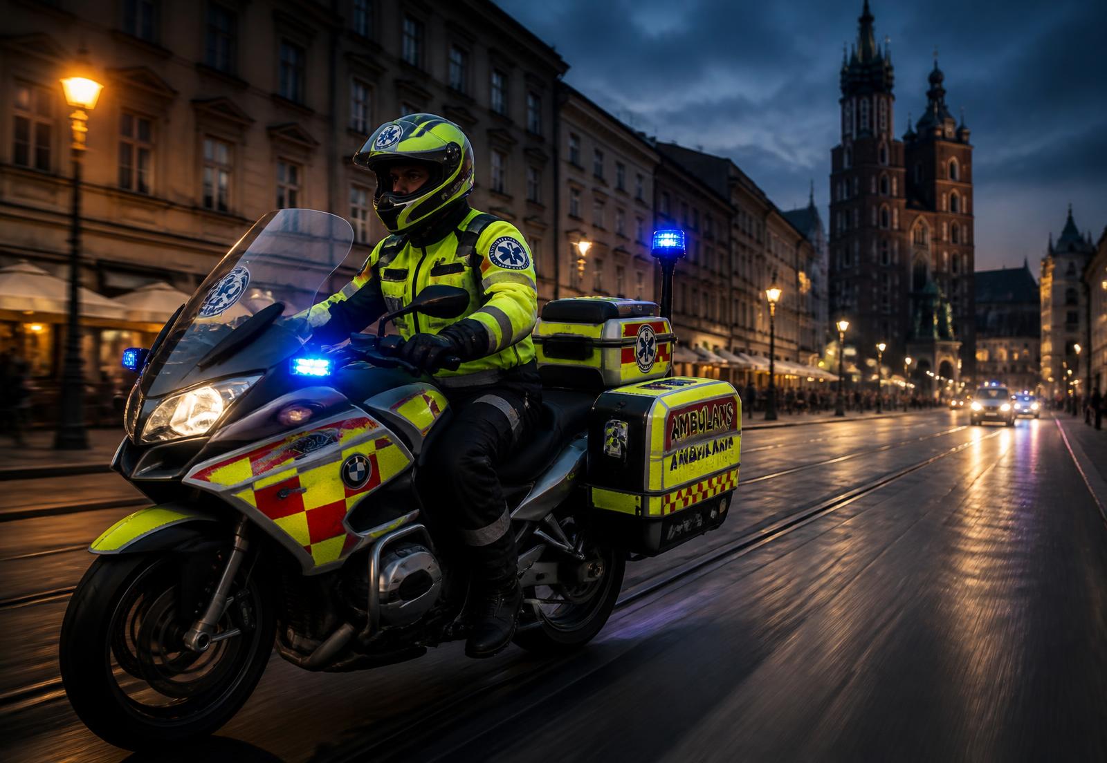 Ratownik R2 na motocyklowej karetce na ulicy Krakowa